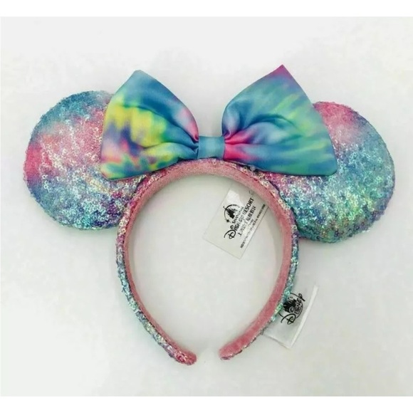Disney Parks Minnie Mouse Pastel Rainbow TieDye Sequin Ears 2021 NWT